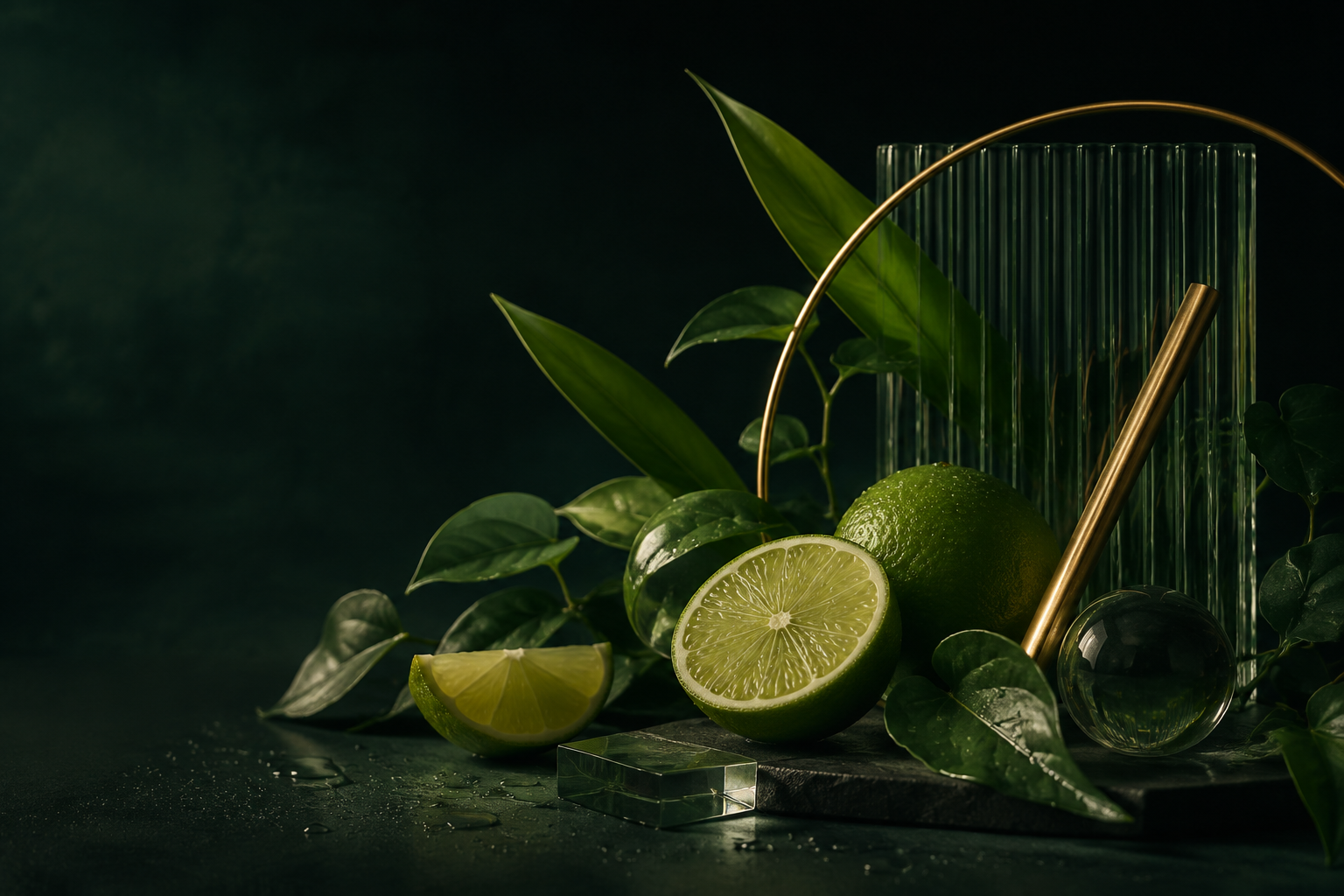 Compoziție editorială Tonic cu lime, verde smarald și accente aurii